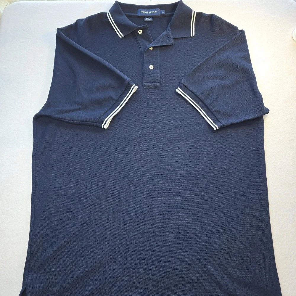 Vintage Polo Golf Ralph Lauren Shirt L Navy Blue Tipped 90s Pique Sporty Prep